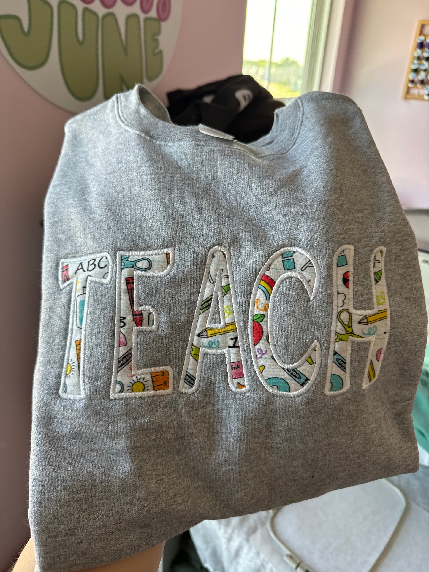Teach Spell Out Crewneck- Heather Grey